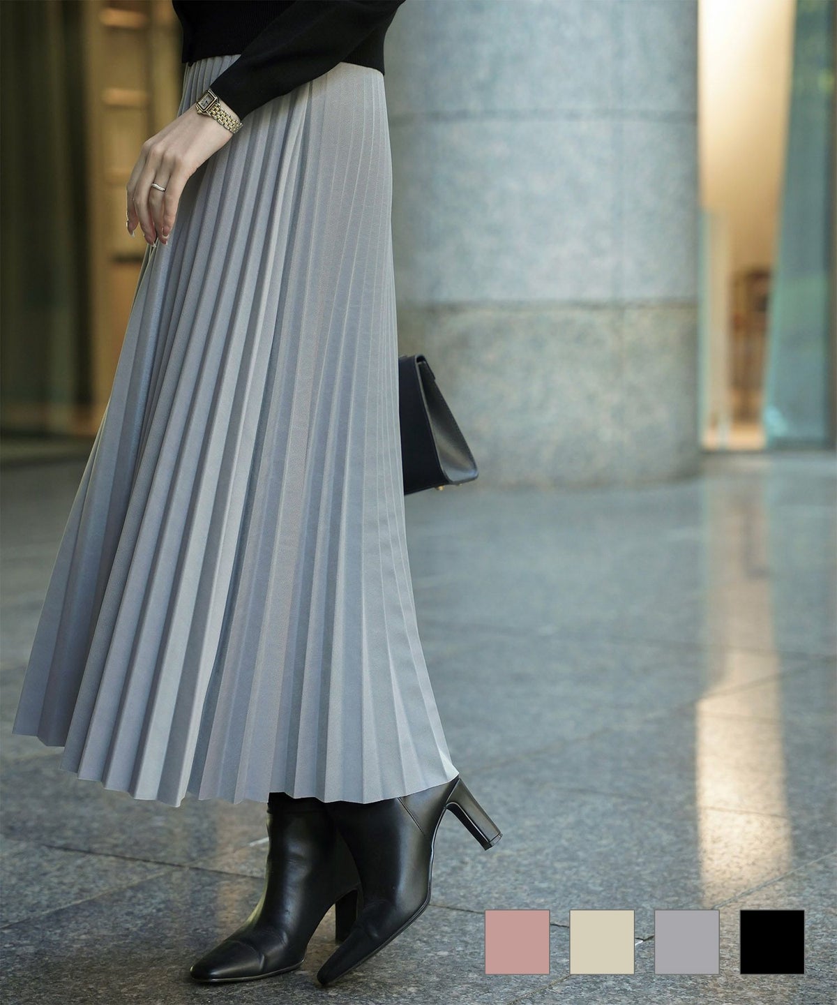 オールシーズン総ゴムベーシック切りっぱなし ピンクベージュ ベージュ グレー ブラック M プリーツ スカート HUIT