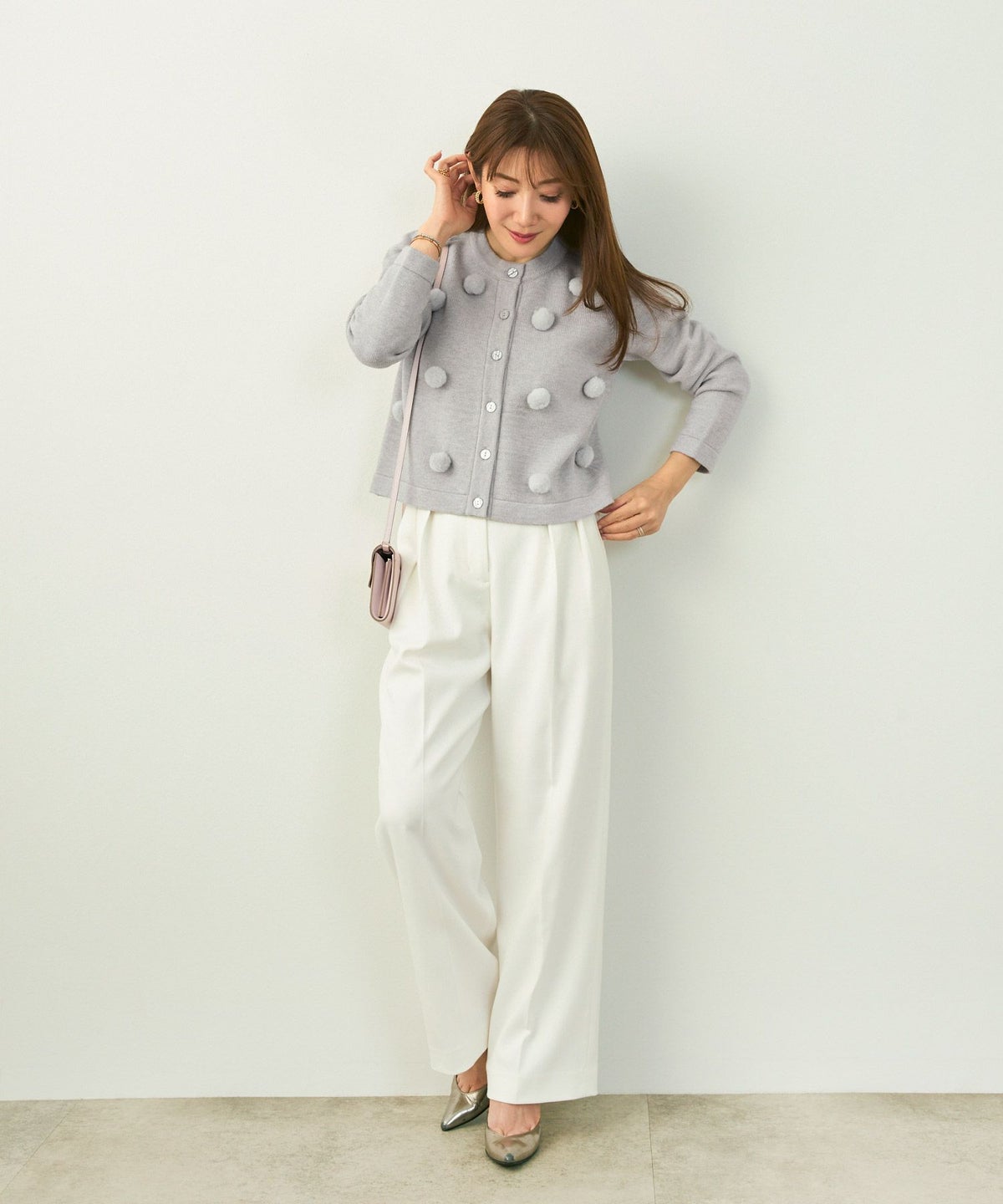 手洗い可ニットカーディガンレディースオフィスきれいめかわいい秋冬ファーグレー黒ジョイントスペース