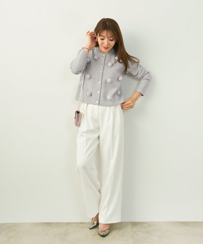 手洗い可ニットカーディガンレディースオフィスきれいめかわいい秋冬ファーグレー黒ジョイントスペース