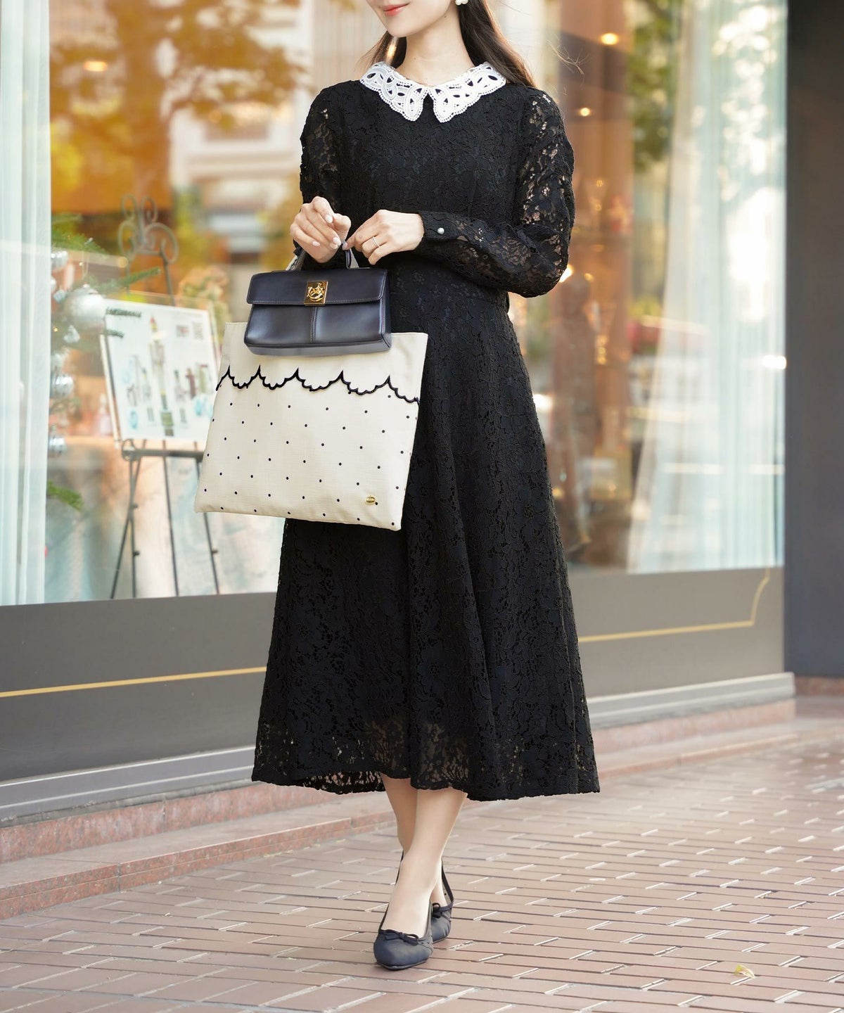 レディース/小物/バッグ/サブバッグ/オケージョン/授業参観/入卒園/入学式/卒業式/A4サイズ/スリッパ入れ/スカラップ/ドット/プリント/刺繍/トレンド/上品/エレガント/フェミニン/かわいい/きれいめ/アイボリー×ブラック/ピンクベージュ×オフ/ネイビー×オフ/ネイビー