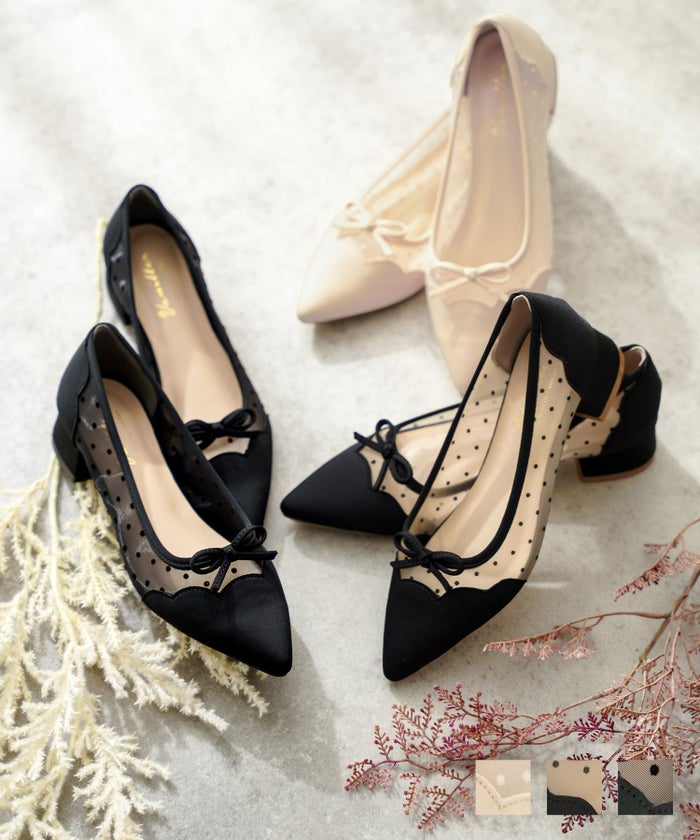 ブラック ブラック×ベージュ バイカラー 黒 足元 シアー メッシュ オーガンジー 結婚式 入卒園 入学式 お出かけ スカラップ ドットシアー リボン パンプス le reve vaniller