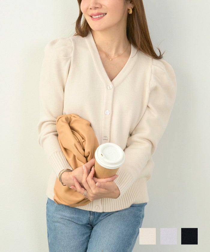 手洗い可 ニット カーディガン 長袖 ざっくり ローゲージ 白黒 グレー かわいい オフィス きれいめ ジョイントスペース Vネック タックスリーブ ニット カーディガン Liala×PG