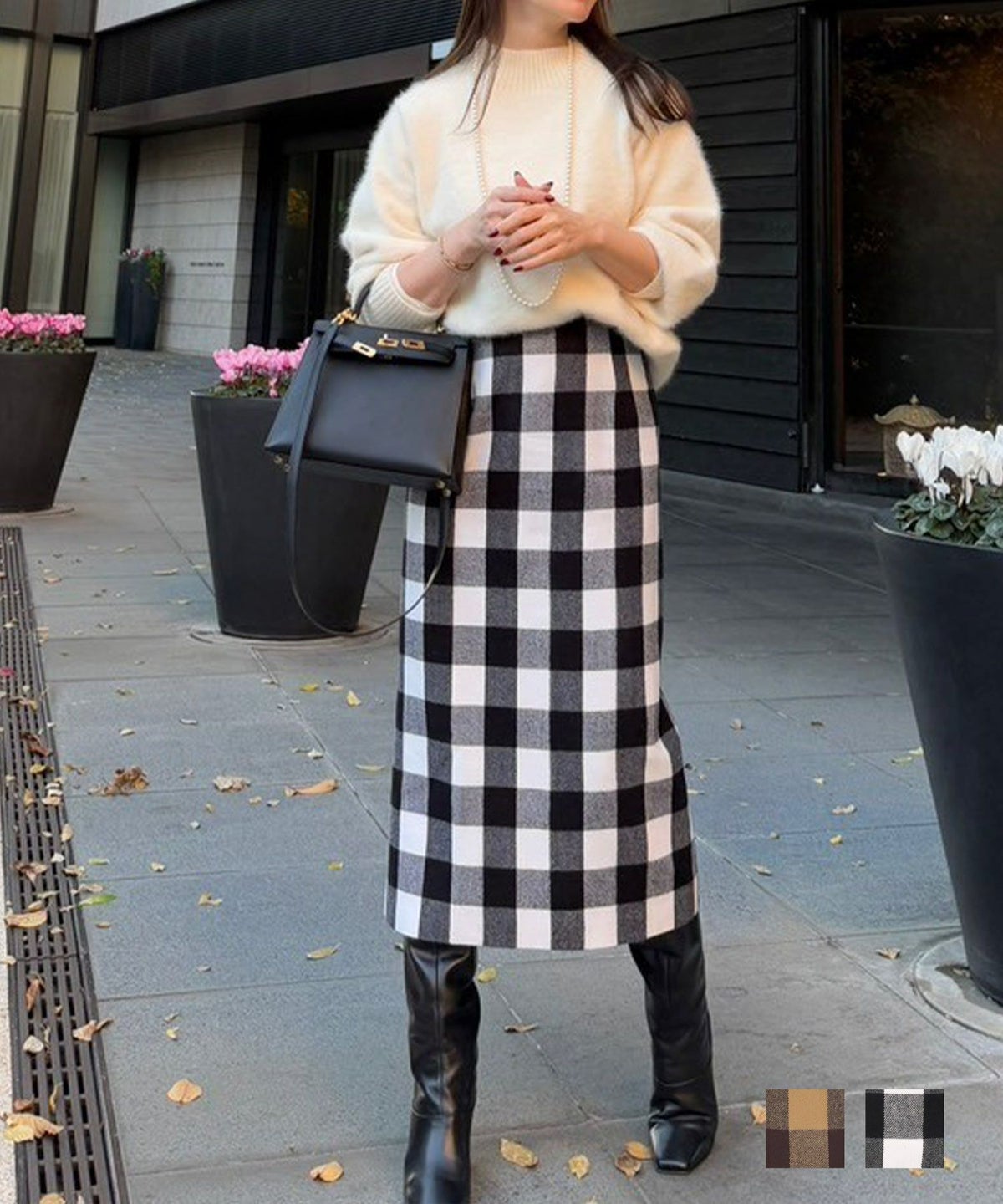 手洗い可 タイト スカート ロング 秋冬 かわいい 黒 オフィス きれいめ 大人 ジョイントスペース ブロックチェック タイト スカート Liala×PG