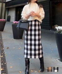 手洗い可 タイト スカート ロング 秋冬 かわいい 黒 オフィス きれいめ 大人 ジョイントスペース ブロックチェック タイト スカート Liala×PG