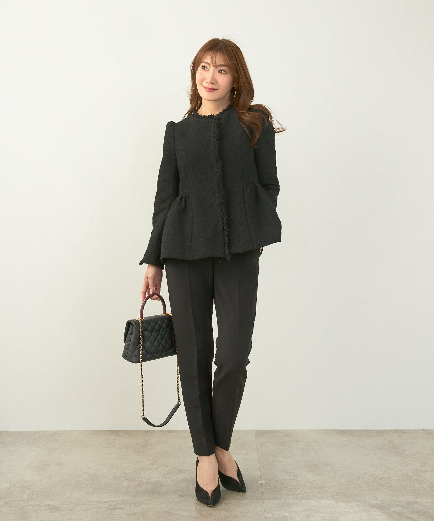 3/15•3/16だけのSALE❗️ELLIE ペプラムジャケット【BLACK】 オケージョン ブークレ フリンジ ペプラム ジャケット Liala×PG 全2色