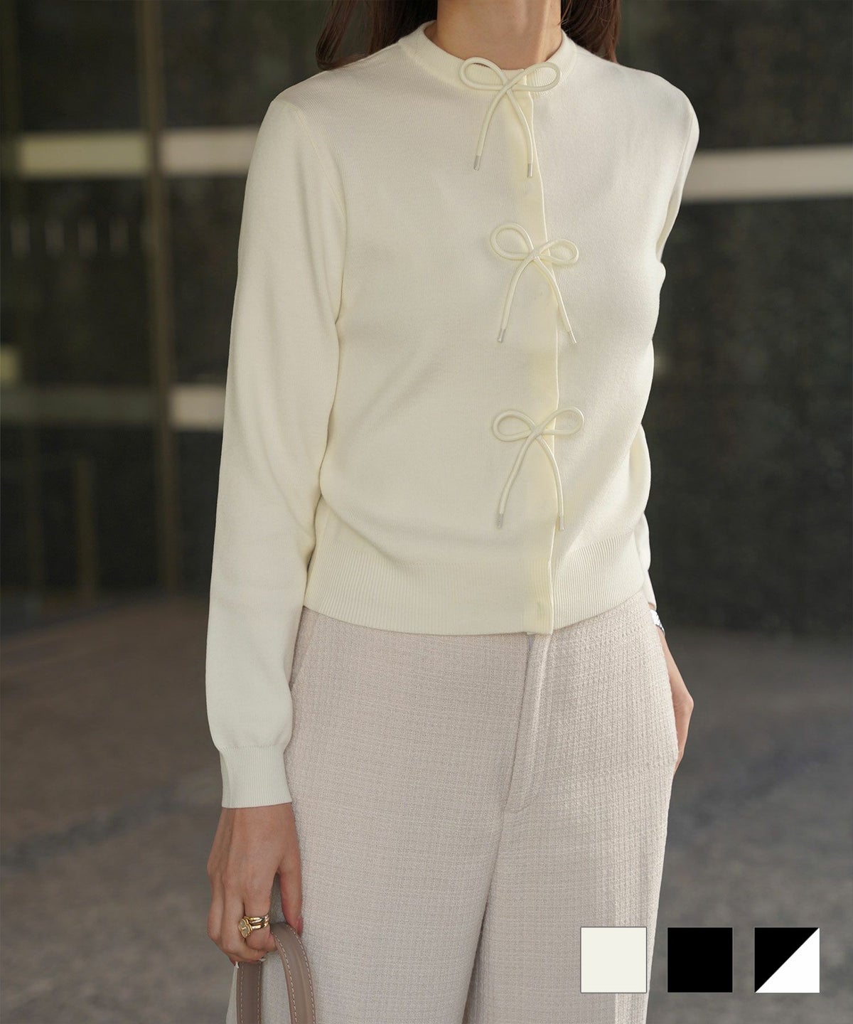 異素材 コンパクト 革紐 スナップボタン シンプル シルクタッチ フロントリボン ニット カーディガン HUIT