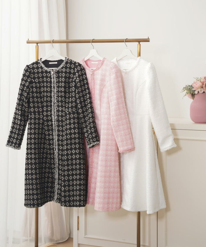 コート ワンピース 長袖 ツイード 白黒 レディース パール かわいい きれいめ 大人 オフィス 入卒 式 ジョイントスペース