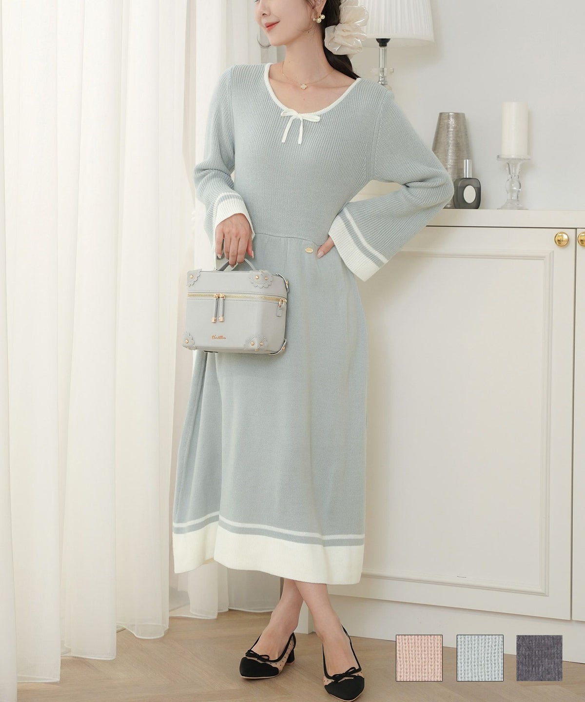 レディース ワンピース ニットワンピース バイカラー 配色 リボン V字ネック 袖フレア ベルスリーブ ピンクベージュ ライトブルー チャコール 伸縮 きれいめ エレガント フェミニン 秋 冬 春 バイカラー リボンニット ワンピース le reve vaniller
