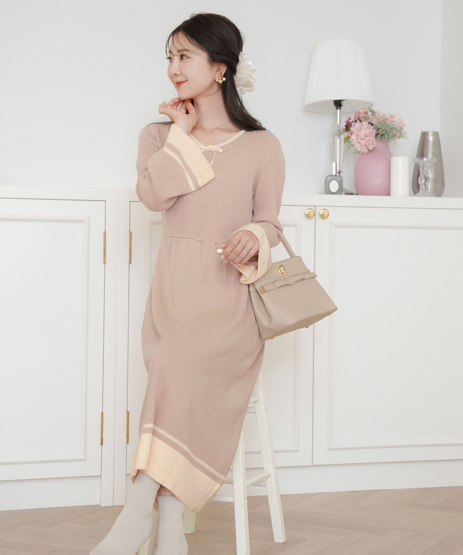 SPRING-SALE バイカラー リボンニット ワンピース le reve vaniller 全