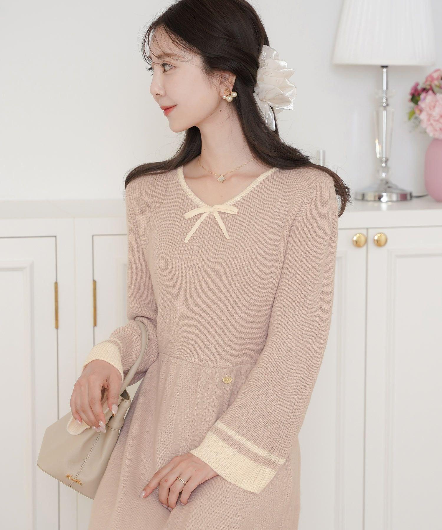 バイカラー リボンニット ワンピース le reve vaniller 全3色｜lvn311