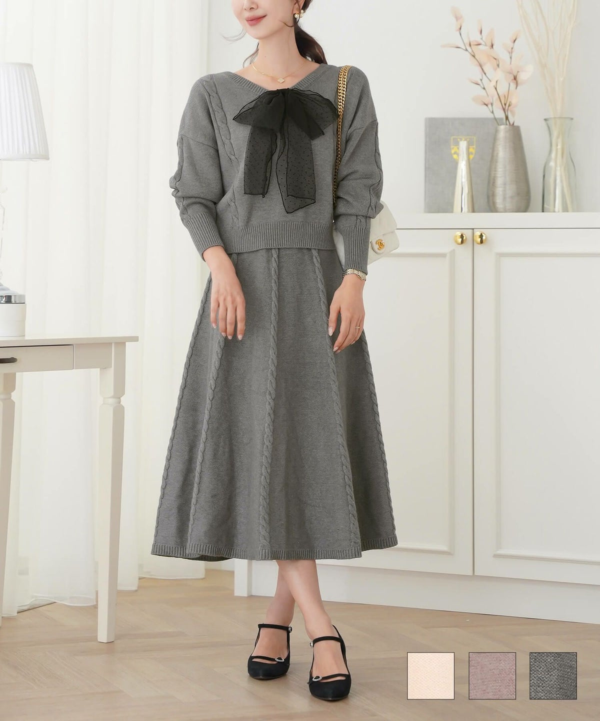 ニット ワンピース セットアップ トップス スカート コーディネート ケーブル 長袖 ロングスカート V字ネック フレアスカート フレア あたたか ベージュ モカ チャコール 秋 冬 春 フェミニン カジュアル ガーリー チュールリボン 2WAY ニットセット le reve vaniller