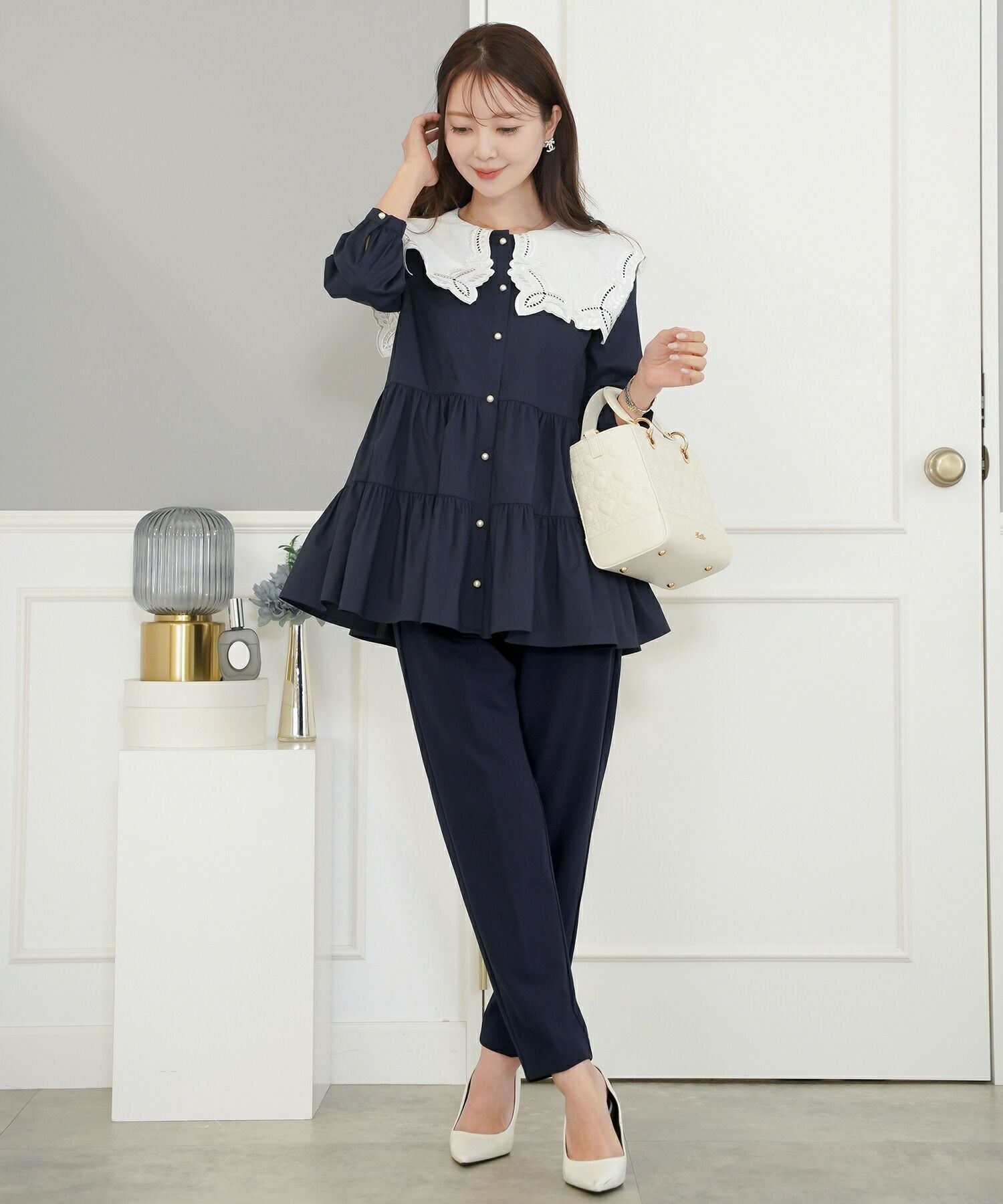 スカラップ ピコレース センタープレス テーパードパンツ le reve