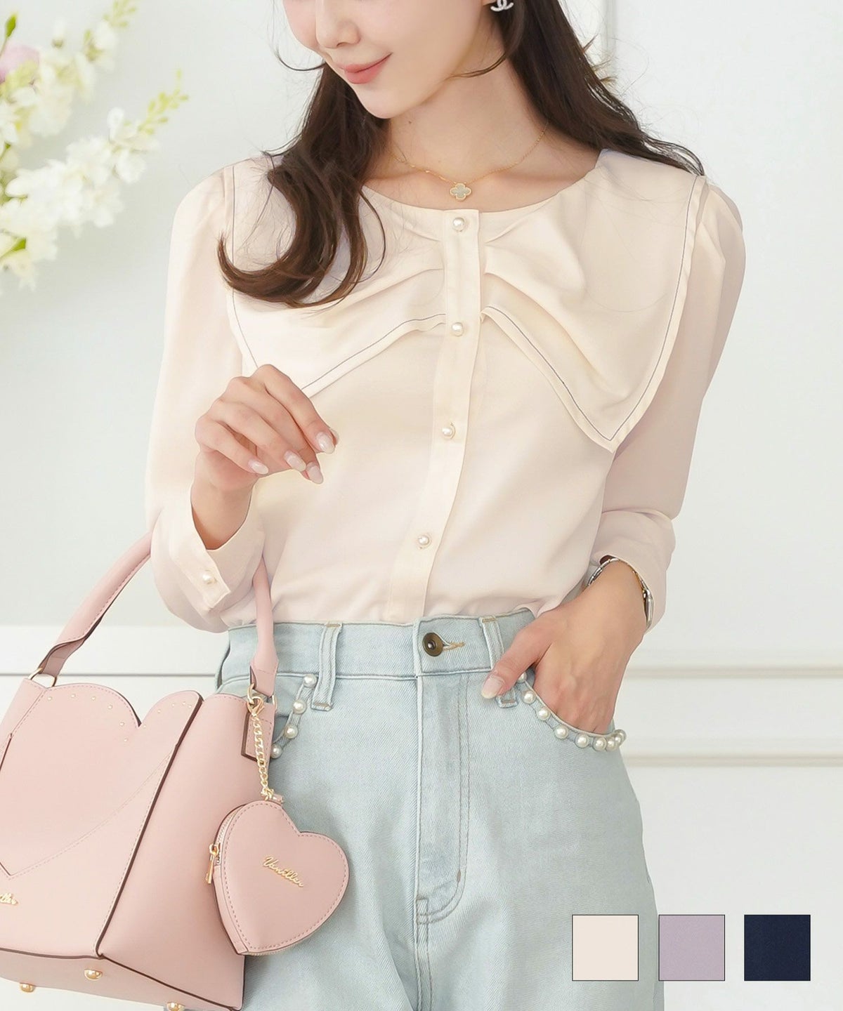 ブラウス 薄手 セーラーカラー タック リボン 配色 ステッチ パール ビックカラー カフス 長袖 秋 春 スイッチシーズン きれいめ 上品 エレガント 大人 オフィスカジュアル 仕事 アイボリー ラベンダーグレー ネイビー セーラー リボン タック ブラウス le reve vaniller