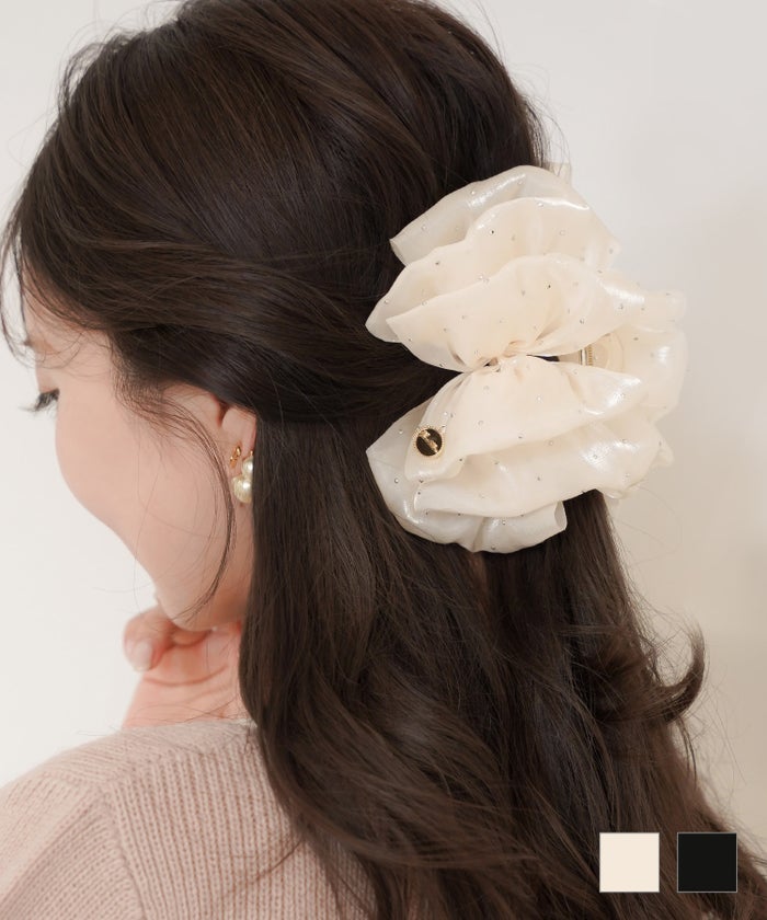レディース ヘアアクセサリー クリップ バンスクリップ 大きめ シュシュ フリル ふわふわ きらきら 光沢感 スタッズ 透け感 ヘアアレンジ 入卒園 結婚式 オケージョン 綺麗め プ キラキラ シュシュ風 バンスクリップ le reve vaniller
