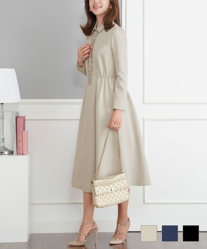 ワンピース レディース ファッション 服 白黒 秋冬春 きれいめ 大人 オフィス かわいい 上品 入卒 式 ジョイントスペース 襟付 フロントフリルジップ&フリル ワンピース Prima Scherrer