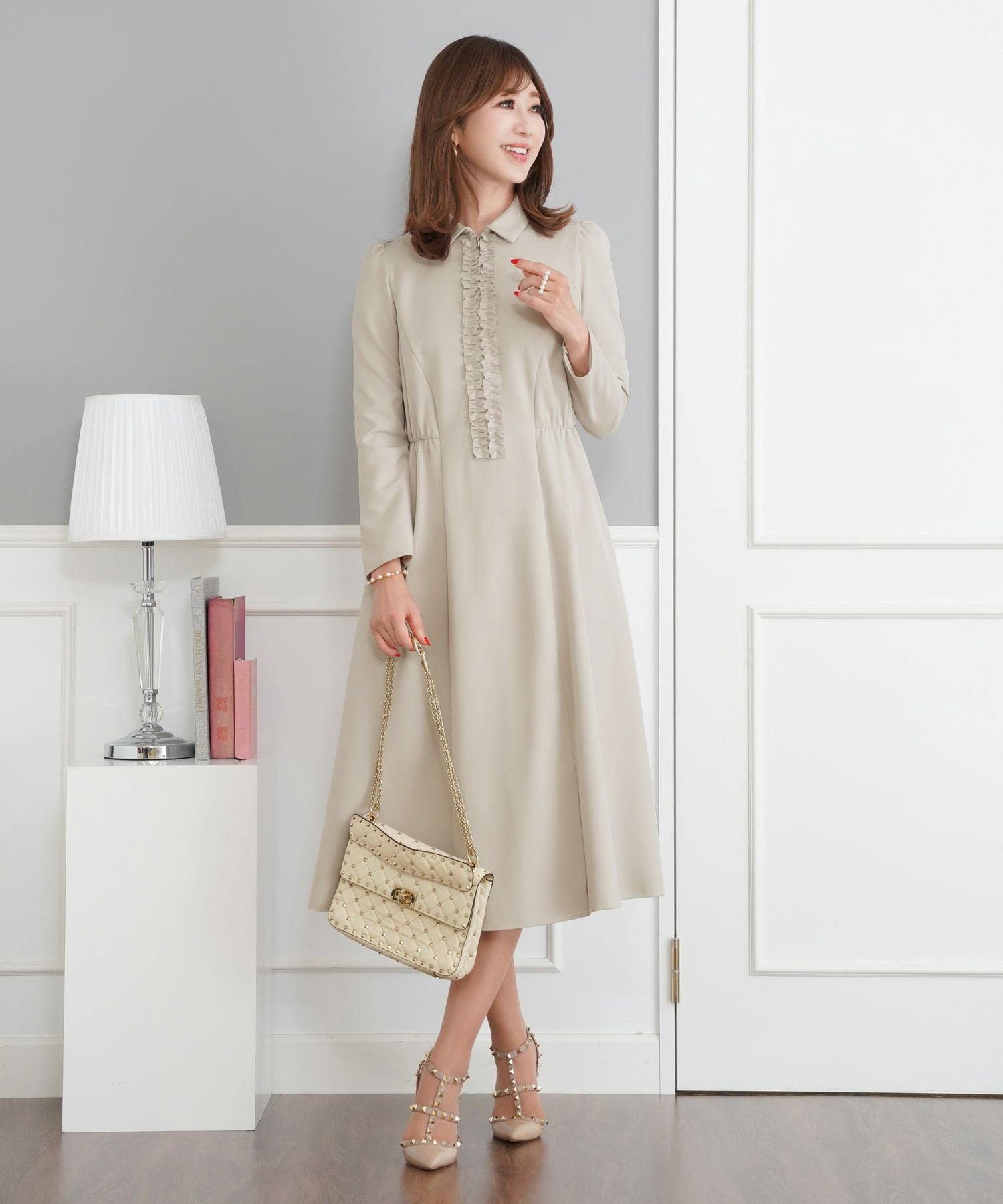 襟付 フロントフリルジップ&フリル ワンピース Prima Scherrer 全3色