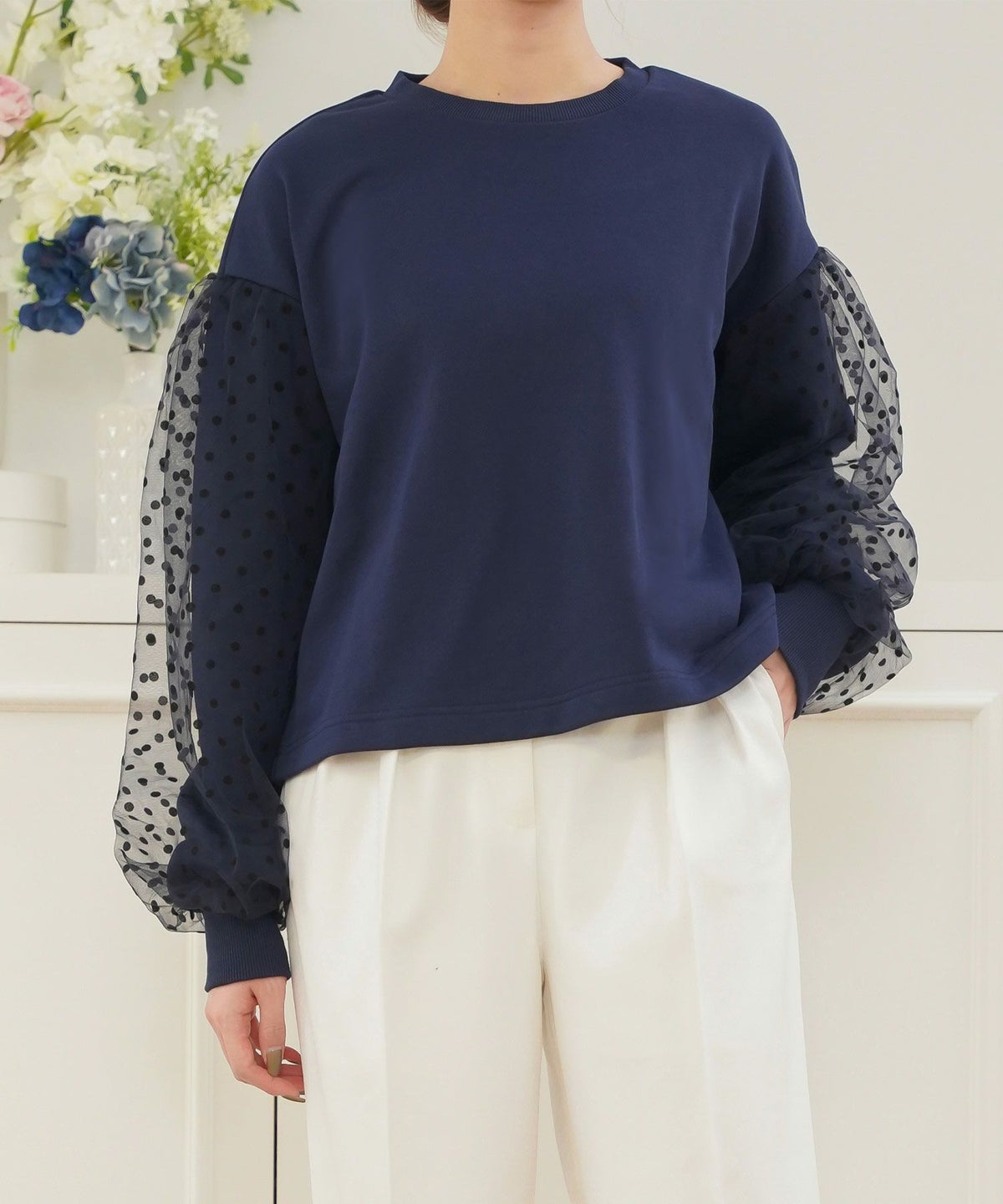 セレクトウォッシャブルレディーストップスチュールドット長袖春秋かわいい黒ジョイントスペース