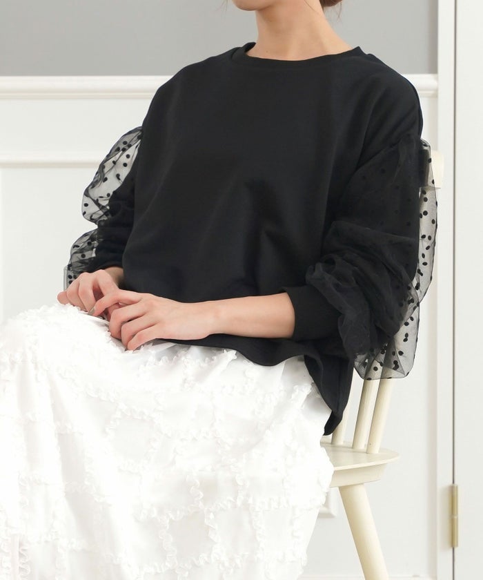 セレクトウォッシャブルレディーストップスチュールドット長袖春秋かわいい黒ジョイントスペース