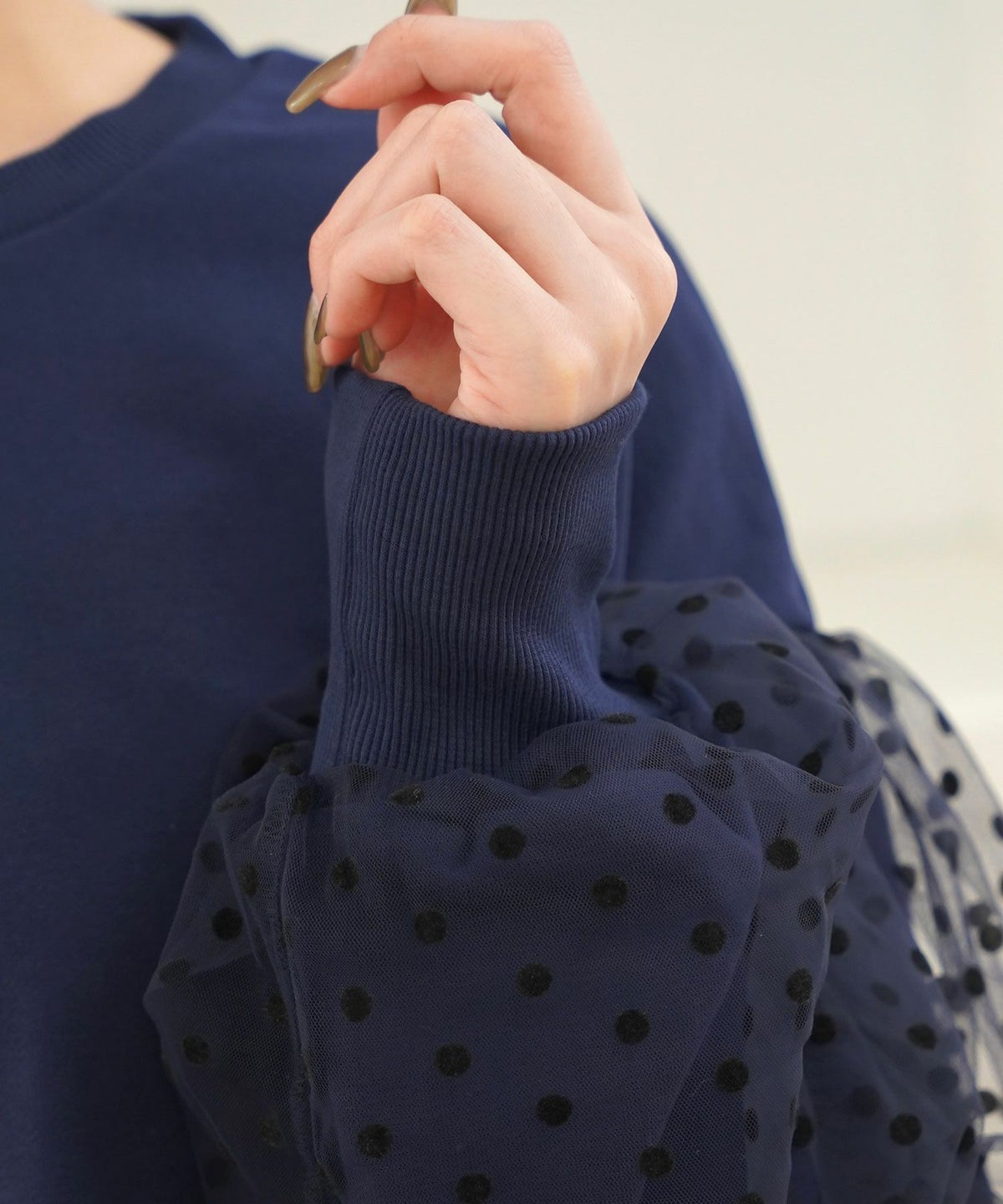 セレクトウォッシャブルレディーストップスチュールドット長袖春秋かわいい黒ジョイントスペース