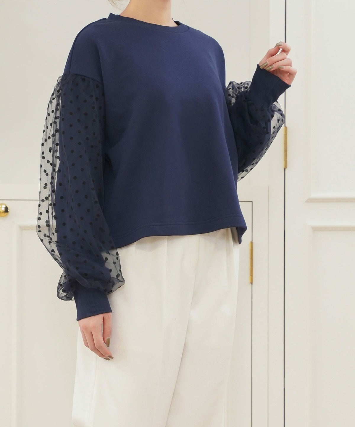 セレクトウォッシャブルレディーストップスチュールドット長袖春秋かわいい黒ジョイントスペース