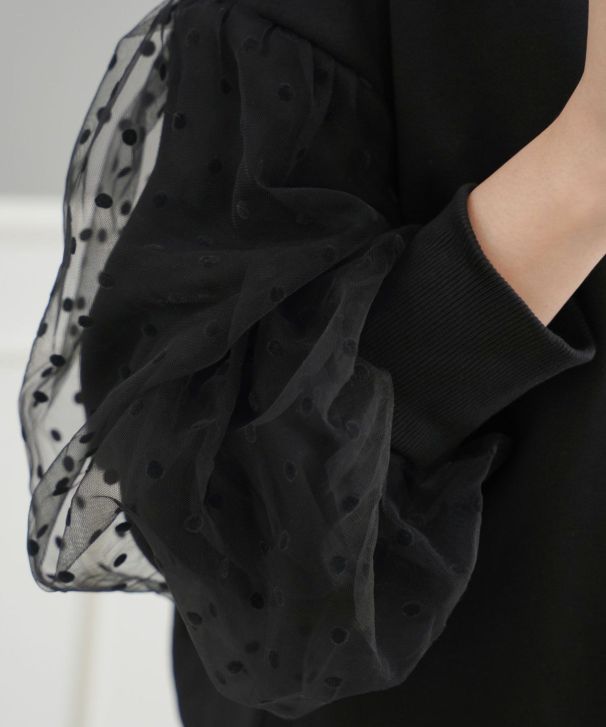 セレクトウォッシャブルレディーストップスチュールドット長袖春秋かわいい黒ジョイントスペース