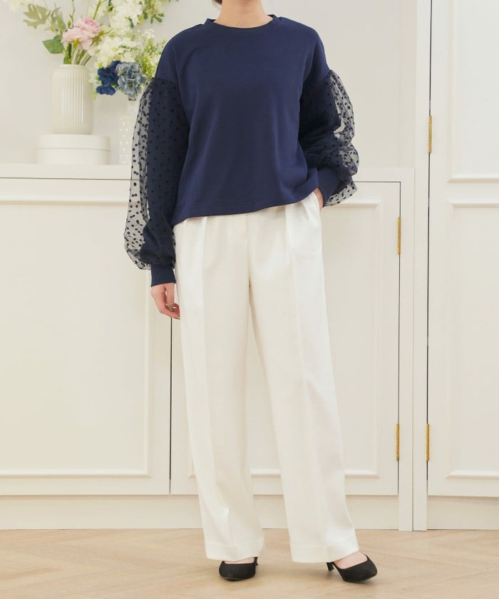 セレクトウォッシャブルレディーストップスチュールドット長袖春秋かわいい黒ジョイントスペース