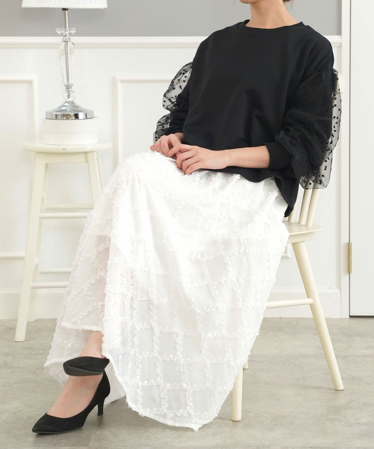 セレクトウォッシャブルレディーストップスチュールドット長袖春秋かわいい黒ジョイントスペース