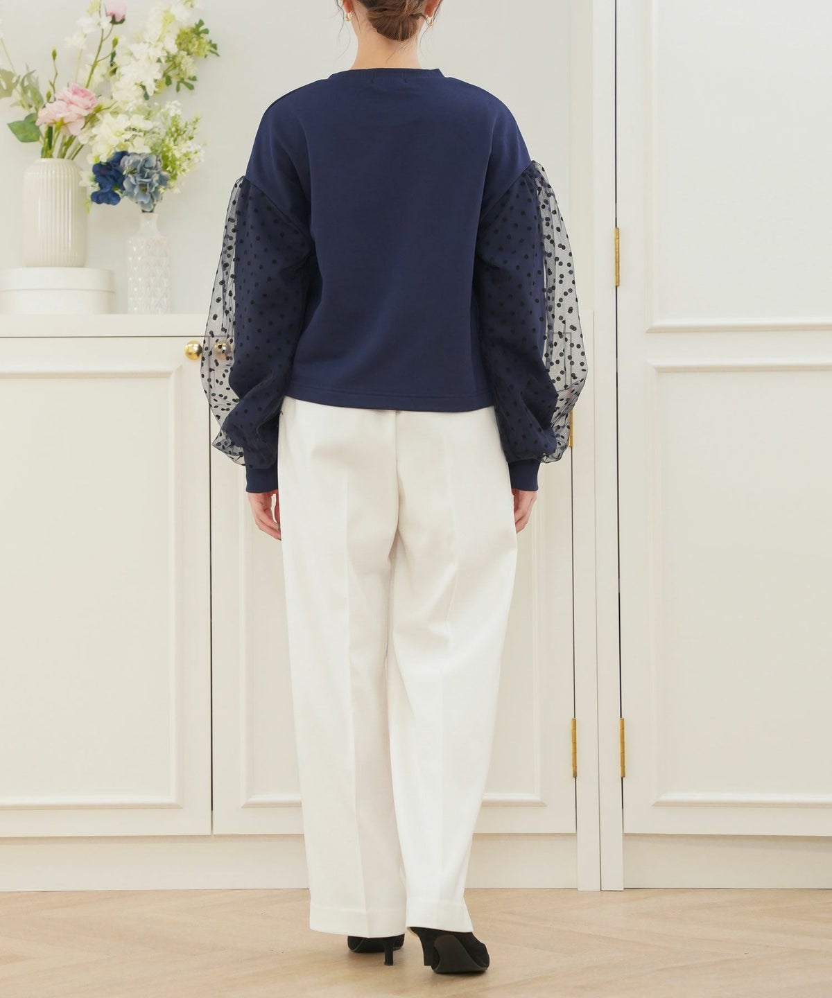 セレクトウォッシャブルレディーストップスチュールドット長袖春秋かわいい黒ジョイントスペース