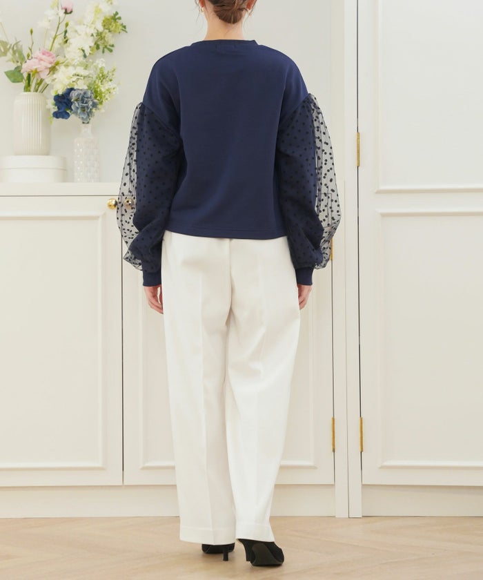 セレクトウォッシャブルレディーストップスチュールドット長袖春秋かわいい黒ジョイントスペース