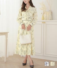 レディース ワンピース 花柄 プリント フェミニン 上品 エレガント ボウタイ リボン カフス 配色 ハイウエスト フレアシルエット 長袖 春 薄手 ブルー イエロー ボウタイ フローラル ワンピース le reve vaniller