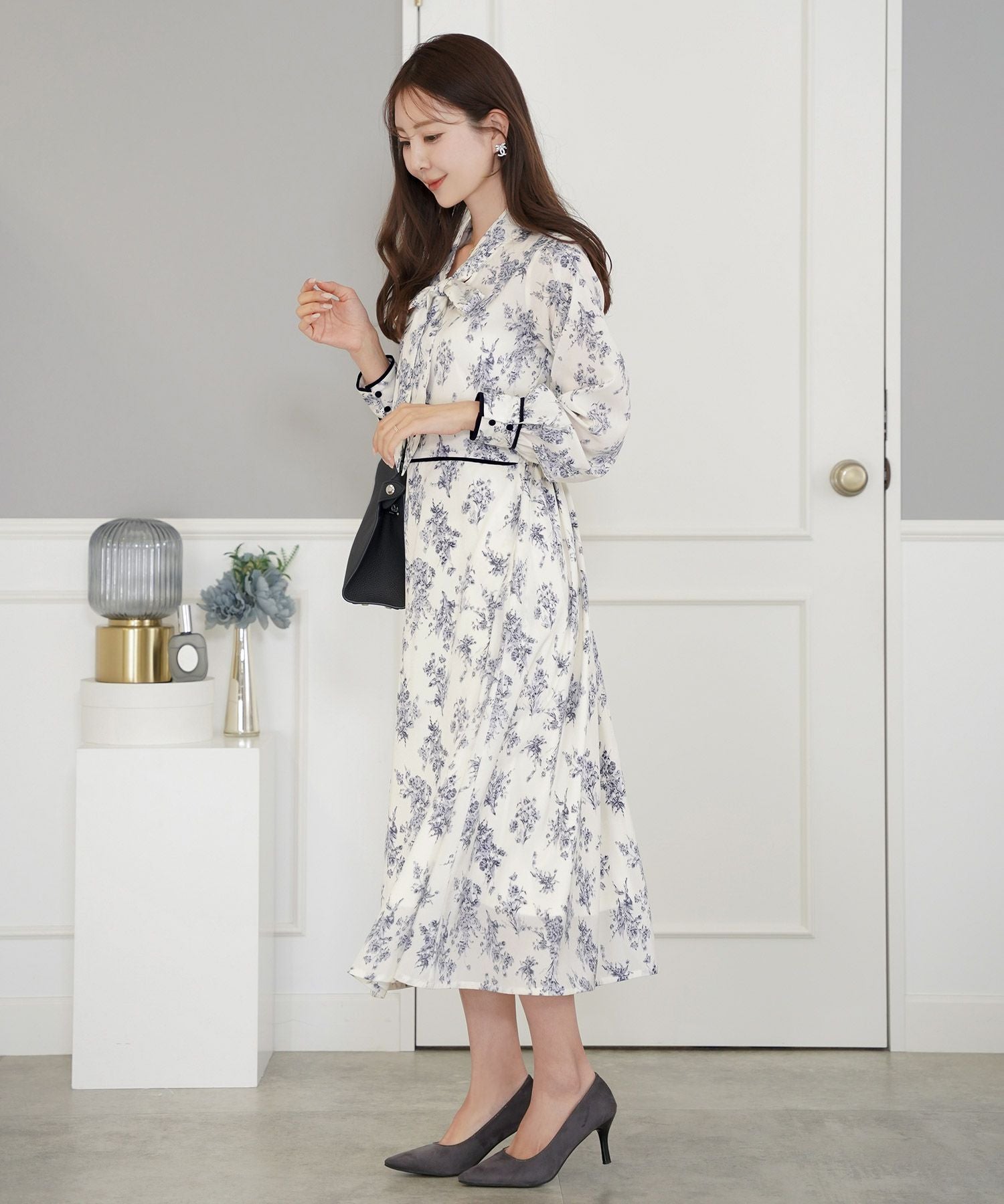 SPRING-SALE ボウタイ フローラル ワンピース le reve vaniller 全2色