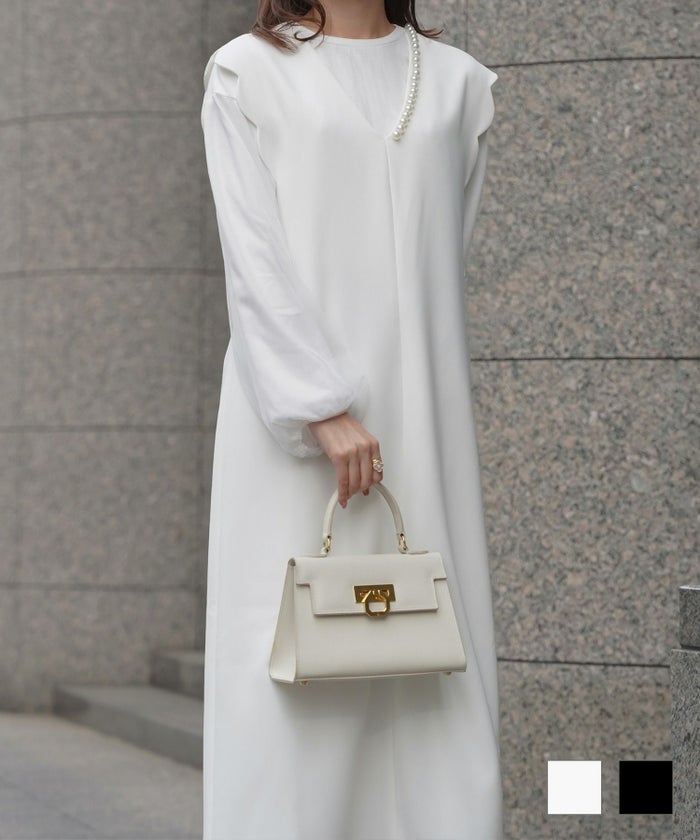 上品 アシンメトリー Vネック タイト オフィス オケージョン 着回し スカラップ パールトリム ジャンパースカート HUIT