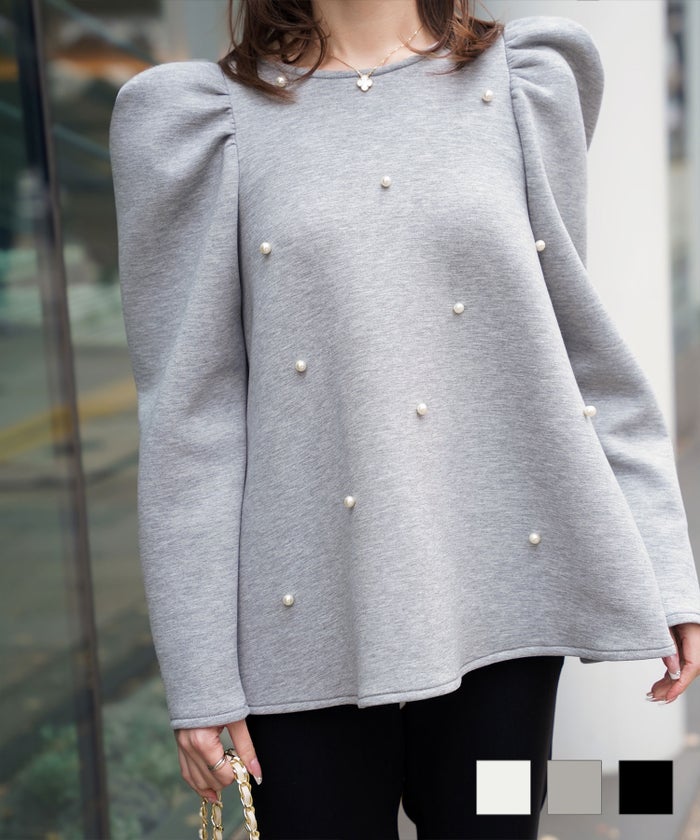 ボリューム ギャザー エレガント レディ ボンディング フレア Aライン パール付き 美肩 トップス HUIT