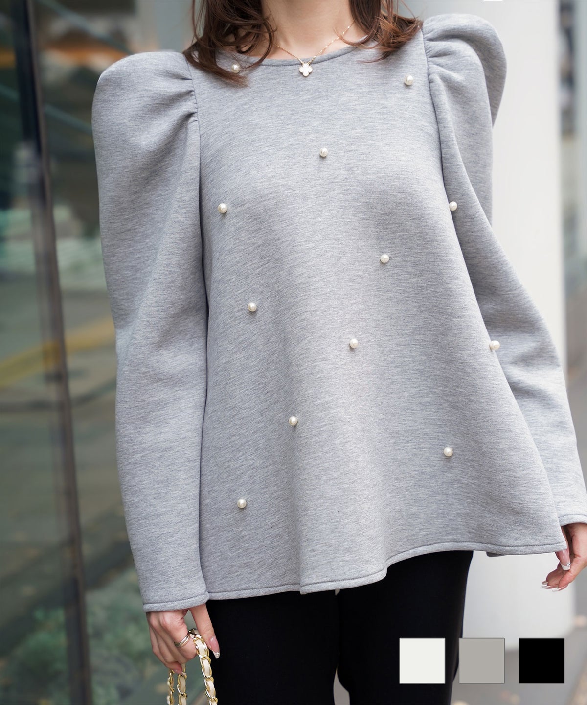 ボリューム ギャザー エレガント レディ ボンディング フレア Aライン パール付き 美肩 トップス HUIT