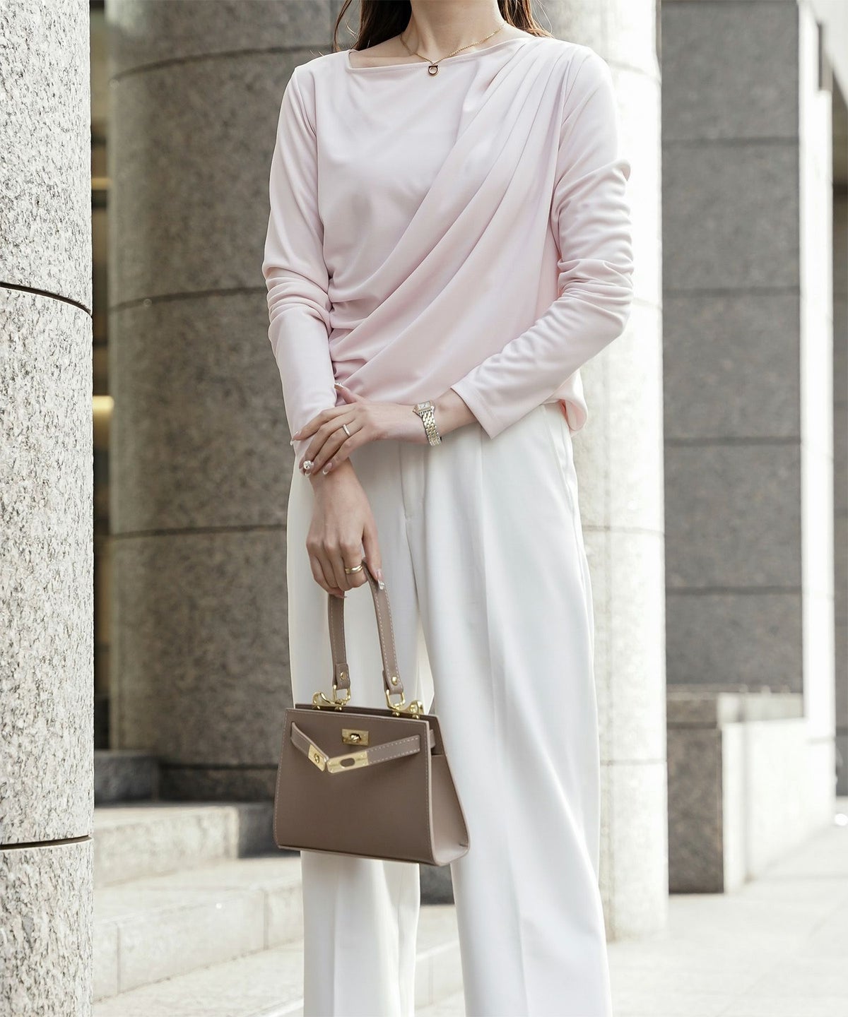 シンプル オフショルダー イージーケア オフィス/アイボリー/ピンク/サックス/ブラック/M