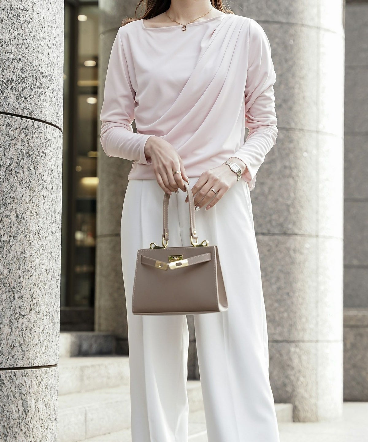 シンプル オフショルダー イージーケア オフィス/アイボリー/ピンク/サックス/ブラック/M