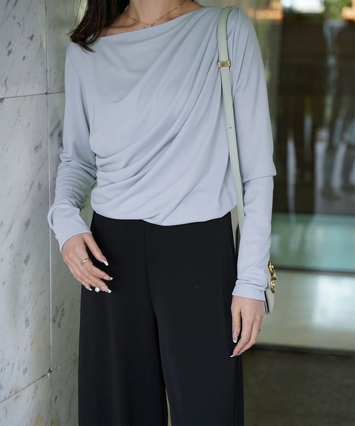 シンプル オフショルダー イージーケア オフィス/アイボリー/ピンク/サックス/ブラック/M