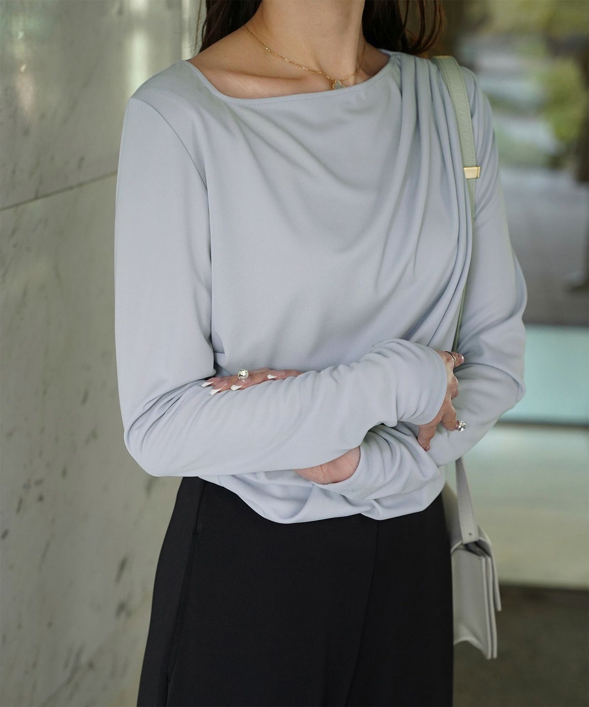 シンプル オフショルダー イージーケア オフィス/アイボリー/ピンク/サックス/ブラック/M