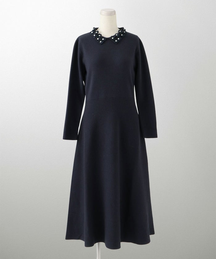 フラワーモチーフ 襟付き ニット ワンピース HUIT ネイビーミックス/アイボリー/ネイビー/ブラック/ミックス