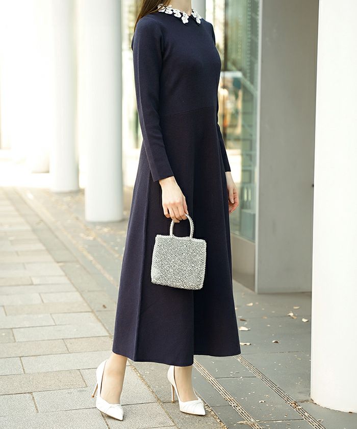 フラワーモチーフ 襟付き ニット ワンピース HUIT ネイビーミックス/アイボリー/ネイビー/ブラック/ミックス