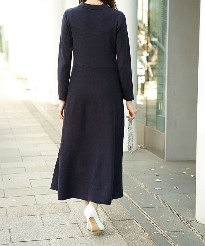 フラワーモチーフ 襟付き ニット ワンピース