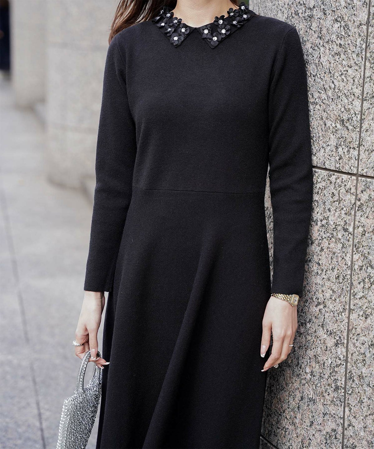 フラワーモチーフ 襟付き ニット ワンピース HUIT ネイビーミックス/アイボリー/ネイビー/ブラック/ミックス