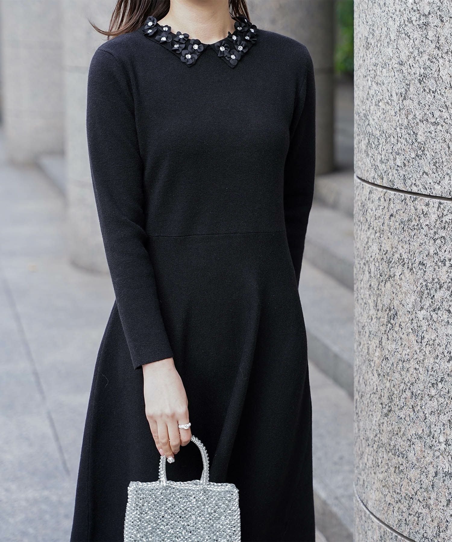 フラワーモチーフ 襟付き ニット ワンピース