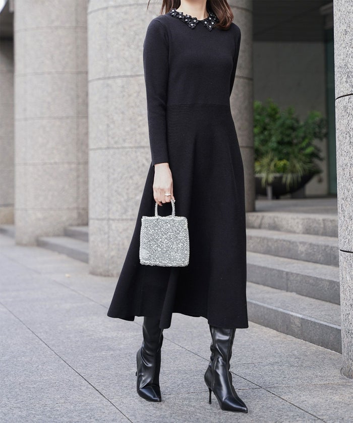 フラワーモチーフ 襟付き ニット ワンピース HUIT ネイビーミックス/アイボリー/ネイビー/ブラック/ミックス