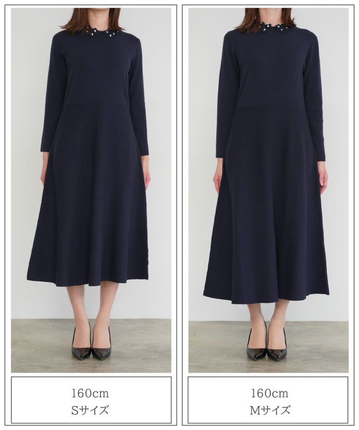 フラワーモチーフ 襟付き ニット ワンピース HUIT ネイビーミックス/アイボリー/ネイビー/ブラック/ミックス