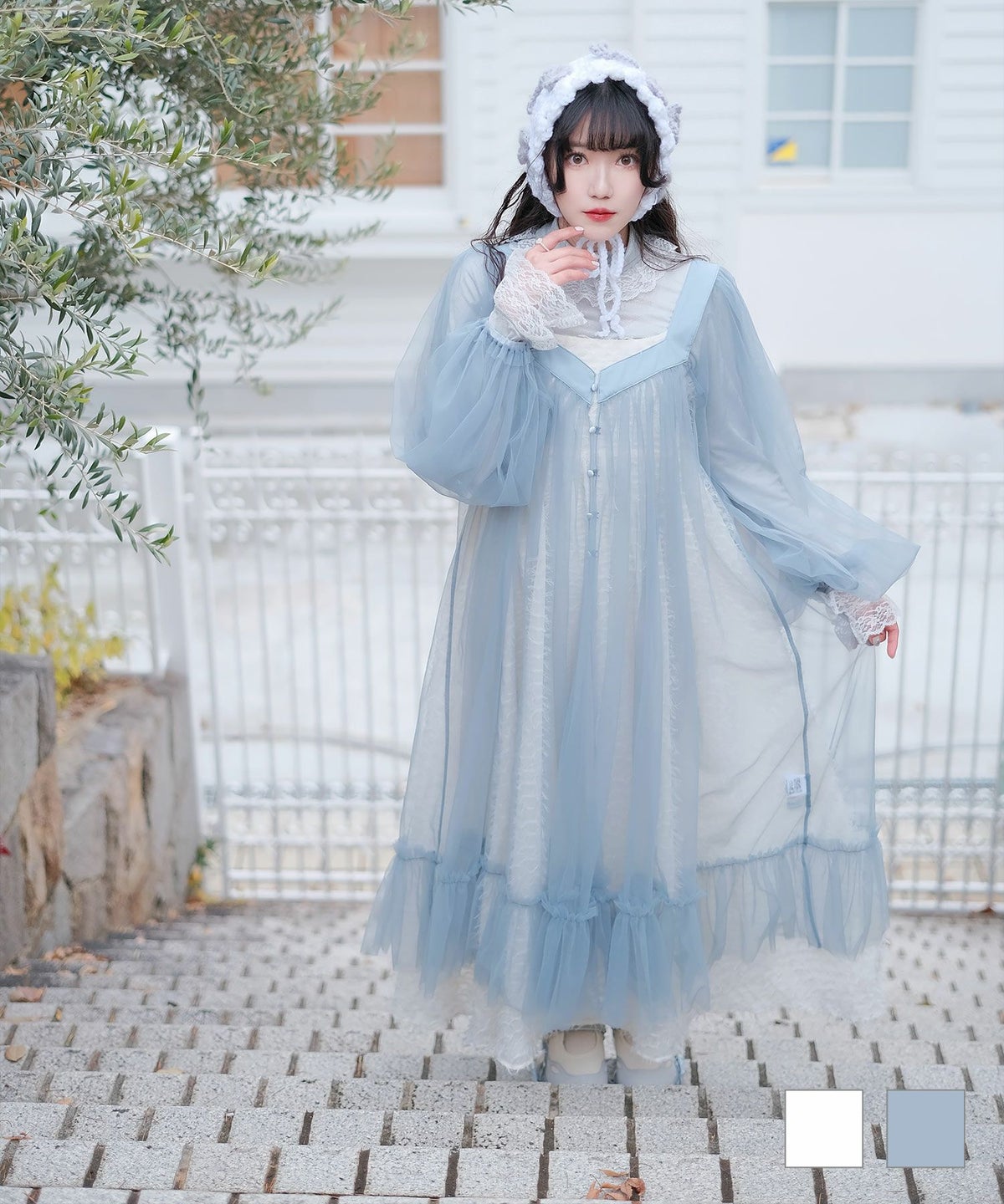 チュール ラメ ロング レイヤード ボリューム ホワイト ブルーグレー M チュール ロング ワンピース miolite