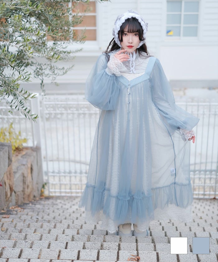 チュール ラメ ロング レイヤード ボリューム ホワイト ブルーグレー M チュール ロング ワンピース miolite