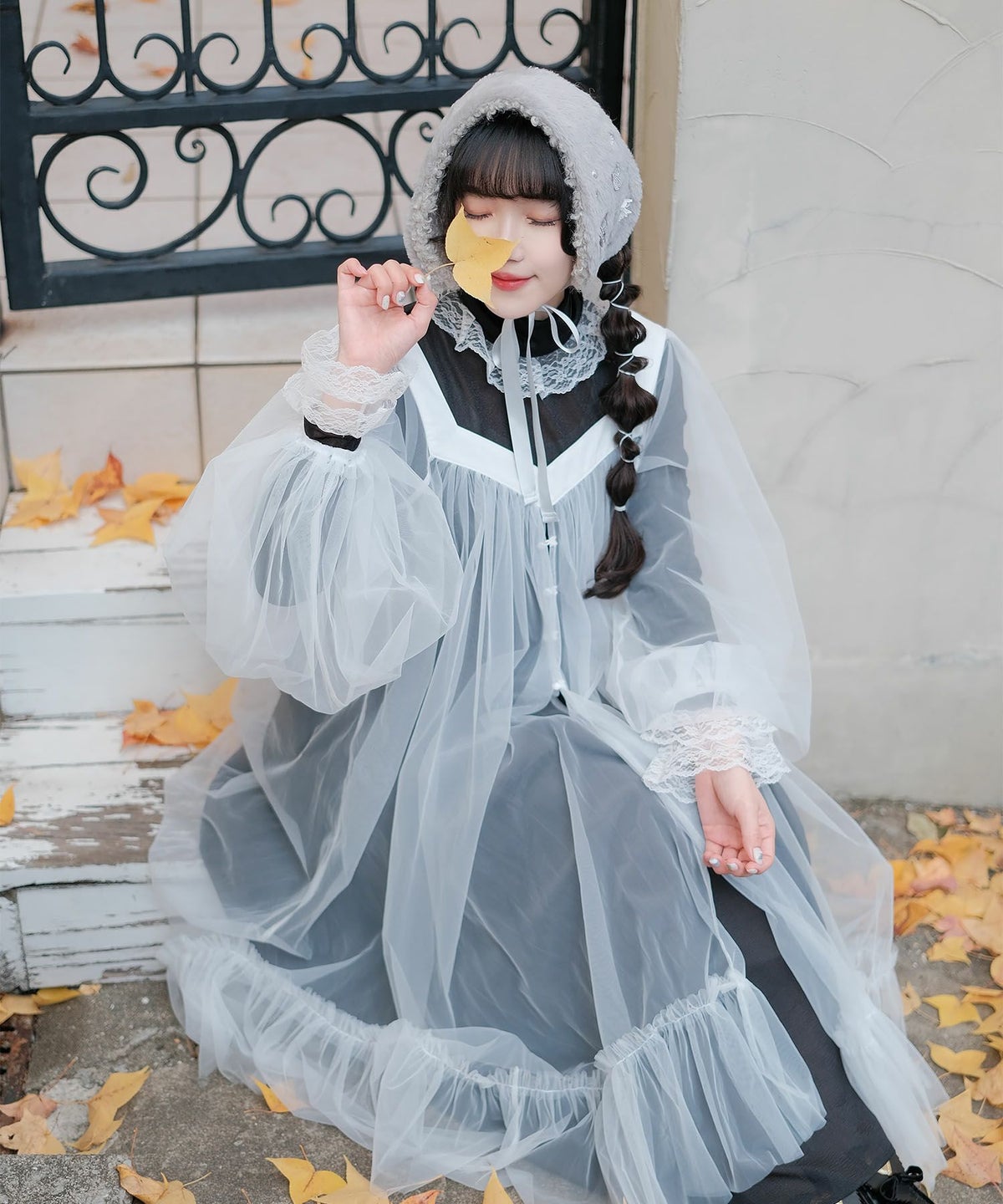 チュール ラメ ロング レイヤード ボリューム ホワイト/ブルーグレー/M