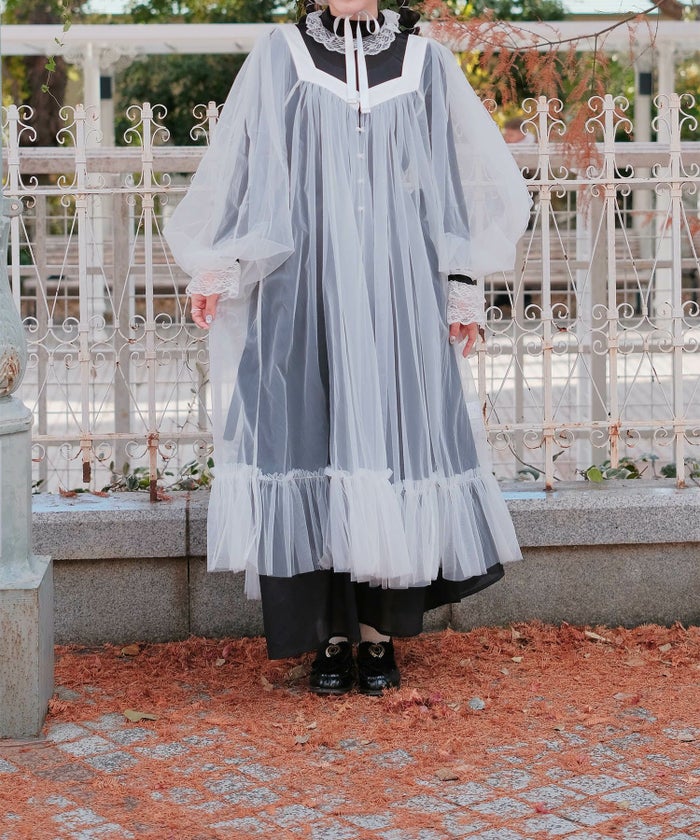 チュール ラメ ロング レイヤード ボリューム ホワイト/ブルーグレー/M