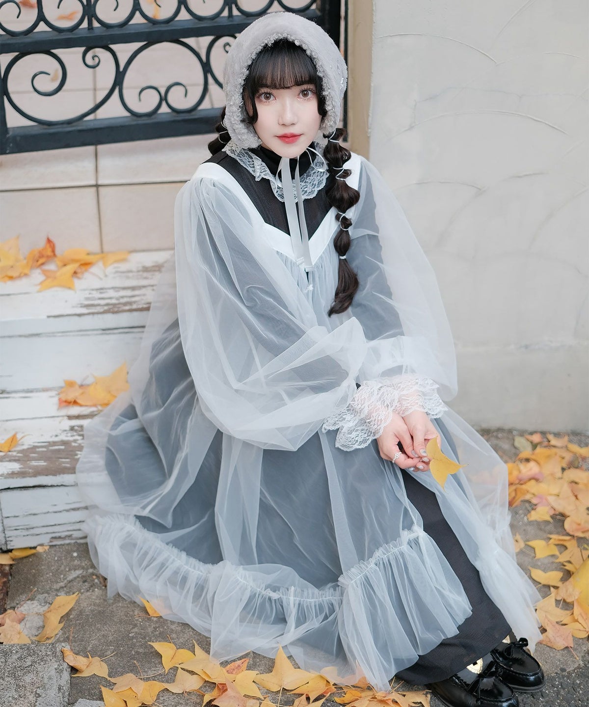 チュール ラメ ロング レイヤード ボリューム ホワイト/ブルーグレー/M